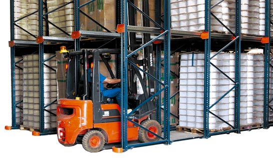 Drive In Racking has the forklift truck operating inside the rack itself.